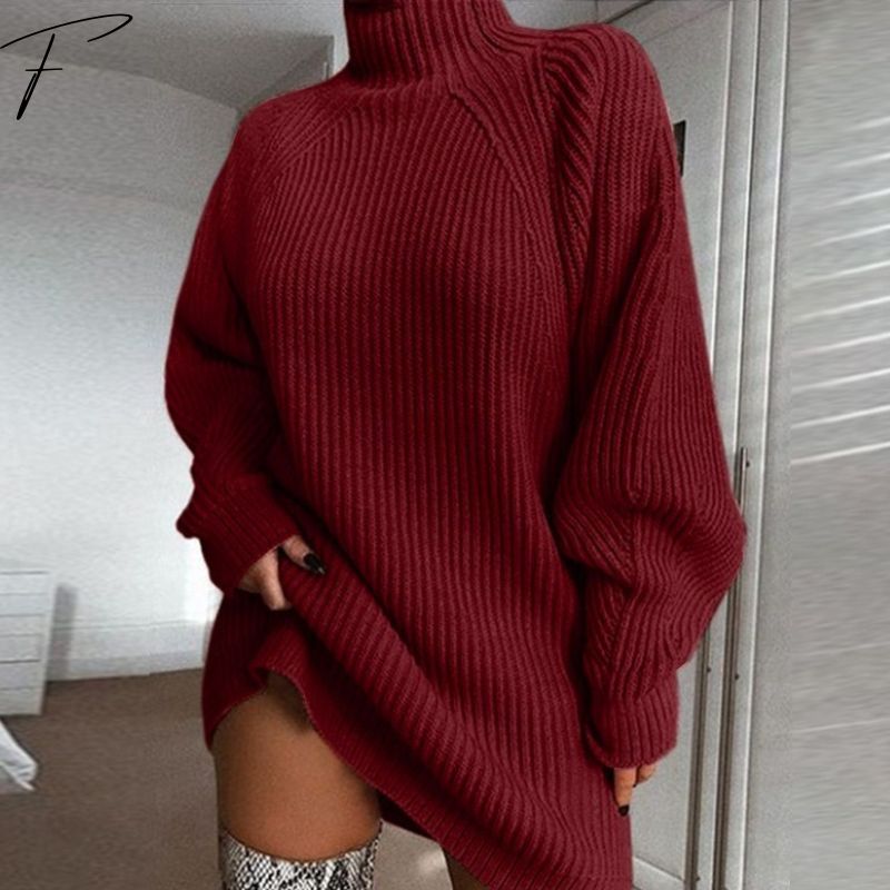Kate Abito Maglione – Vestito in Maglia a Coste con Collo Alto e Maniche Ampie