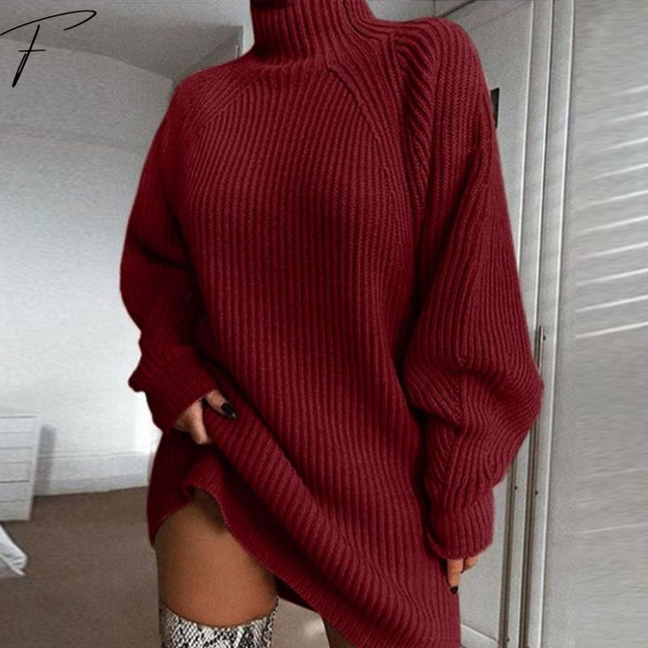 Kate Abito Maglione – Vestito in Maglia a Coste con Collo Alto e Maniche Ampie