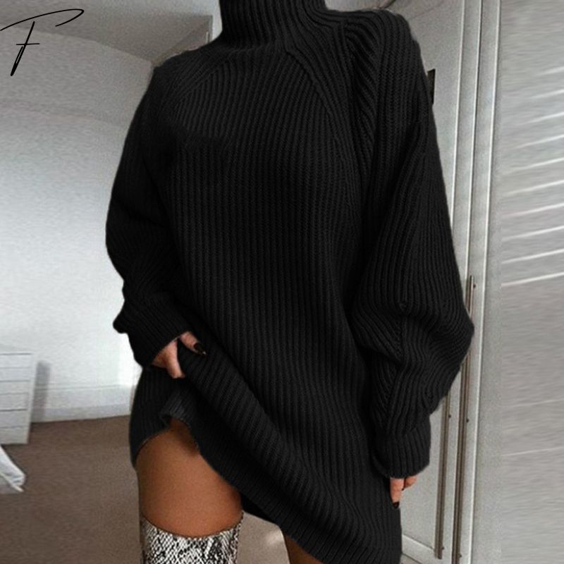 Kate Abito Maglione – Vestito in Maglia a Coste con Collo Alto e Maniche Ampie