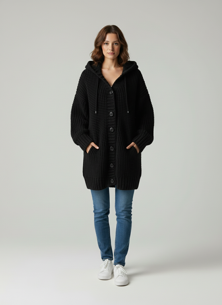Esme Cardigan Donna Oversize – Maglione in Maglia Spessa con Cappuccio e Bottoni a Contrasto