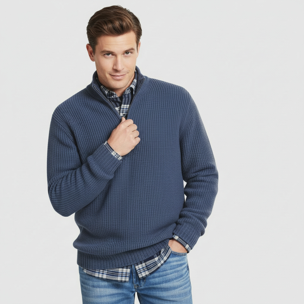 Luca Maglione in Maglia con Mezza Zip da Uomo – Pullover a Coste con Collo Alto