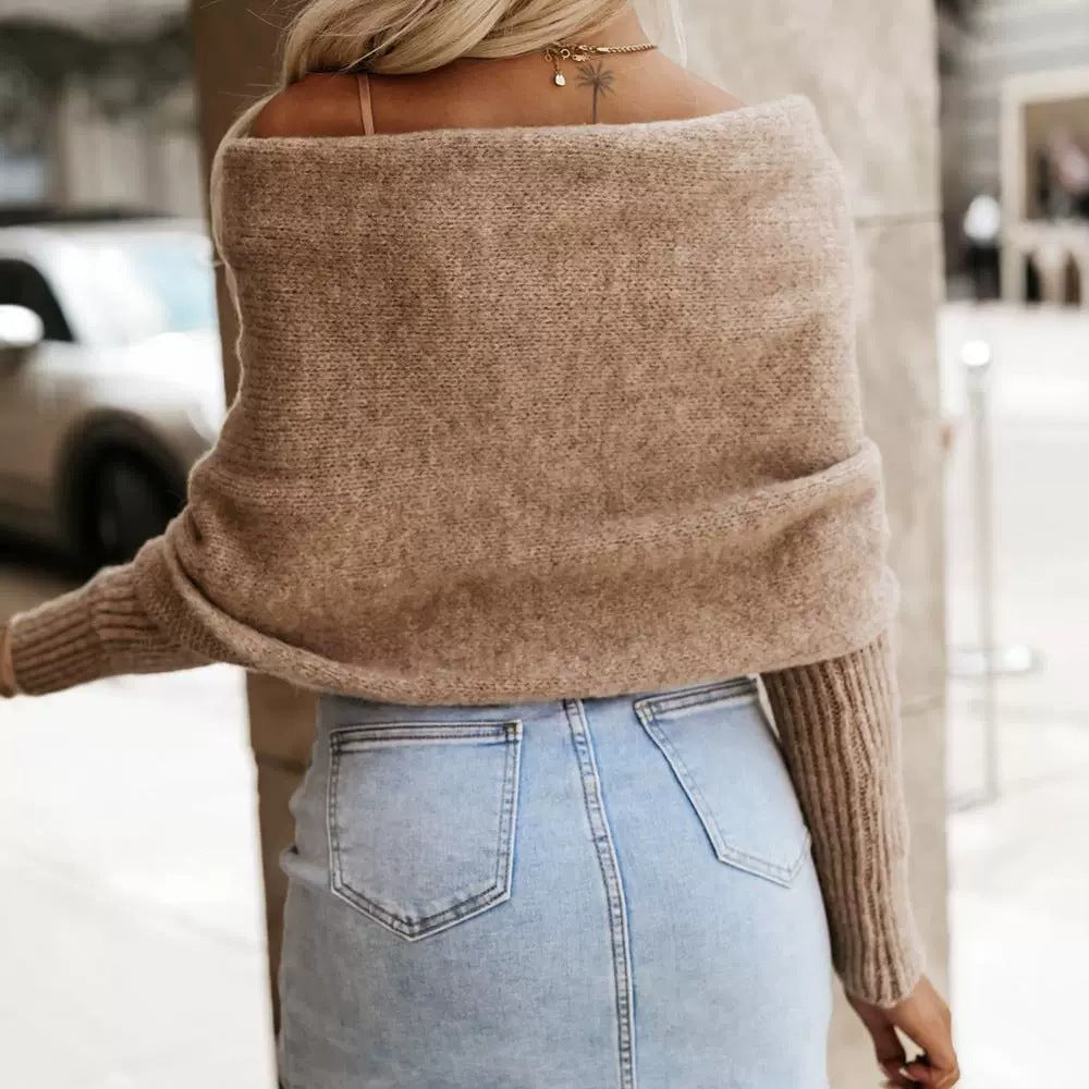 Hazel Maglione Donna Off-Shoulder – Pullover Avvolgente Morbido con Maniche a Coste Eleganti