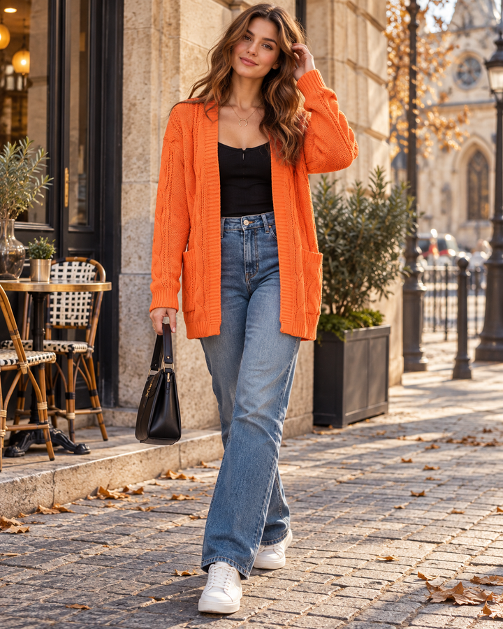 Luciana Langer Damen-Cardigan aus Feinstrick mit offenem Design – Lockere Zopfstrick-Schicht aus leichtem Strick mit Taschen