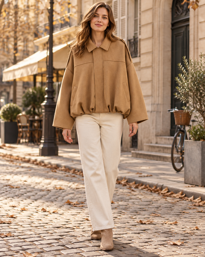 Dámský krátký oversized bomber Wynona z imitace semiše s netopýřími rukávy