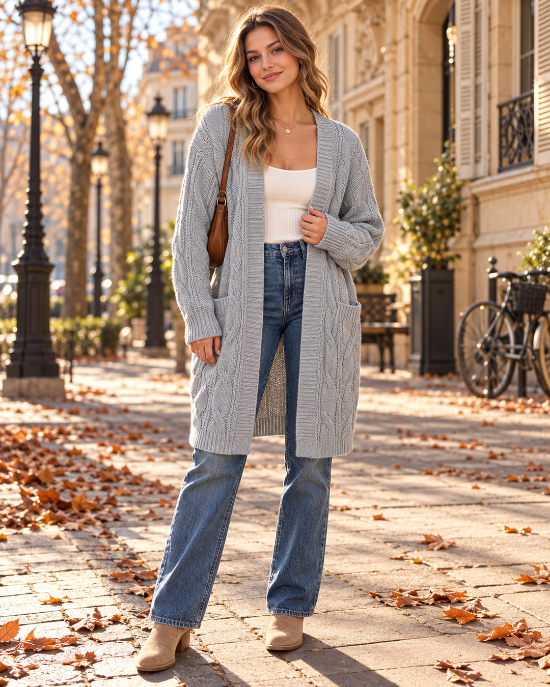 Luciana Langer Damen-Cardigan aus Feinstrick mit offenem Design – Lockere Zopfstrick-Schicht aus leichtem Strick mit Taschen