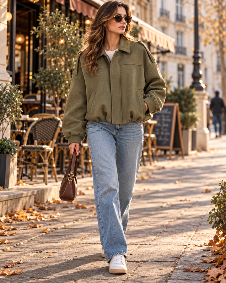 Dámský krátký oversized bomber Wynona z imitace semiše s netopýřími rukávy