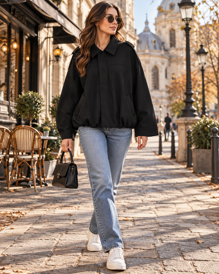 Dámský krátký oversized bomber Wynona z imitace semiše s netopýřími rukávy