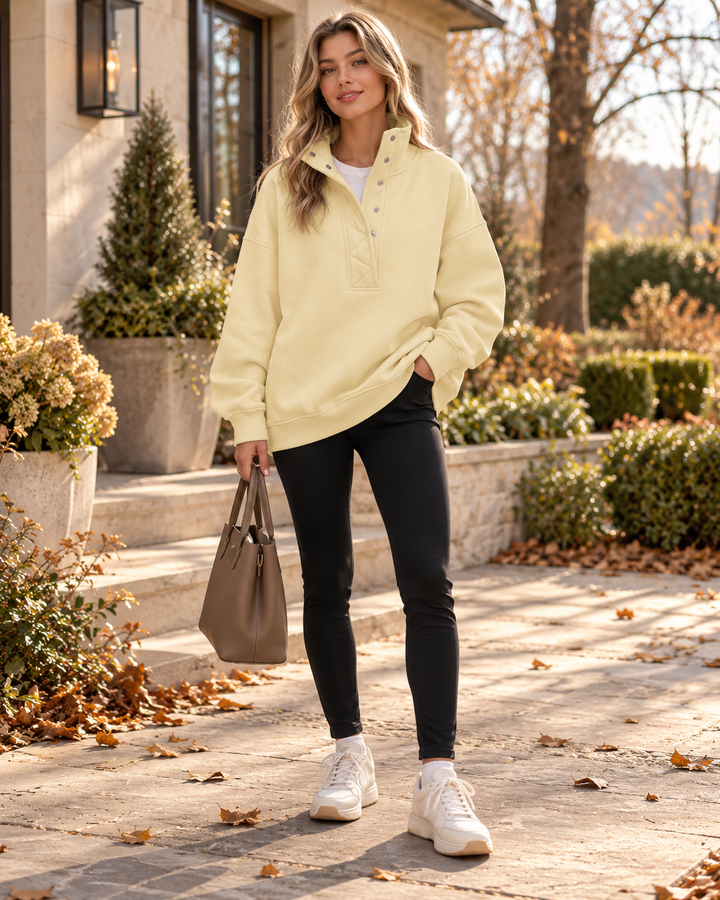 Brietta Oversized dámská mikina Henley - pulovr s dlouhými rukávy a zapínacím výstřihem