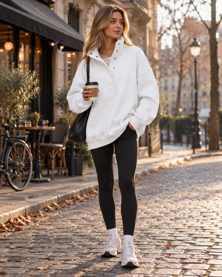 Brietta Oversized dámská mikina Henley - pulovr s dlouhými rukávy a zapínacím výstřihem