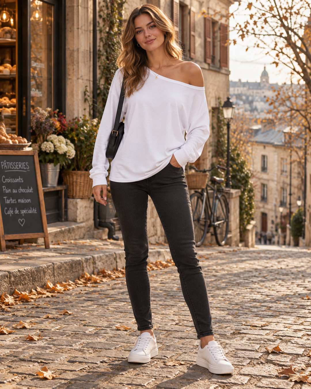 Kaia - dámský oversize top s odhaleným ramenem – asymetrický ležérní top s dlouhými rukávy