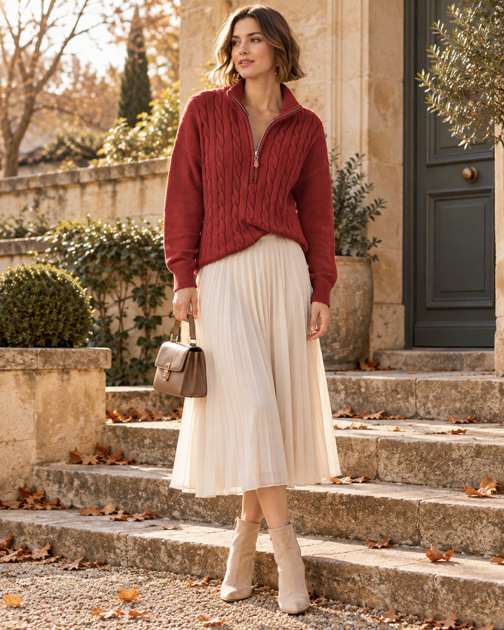 Alyssa Zopfmuster-Pullover mit Viertelreißverschluss – Weicher langärmliger Pullover