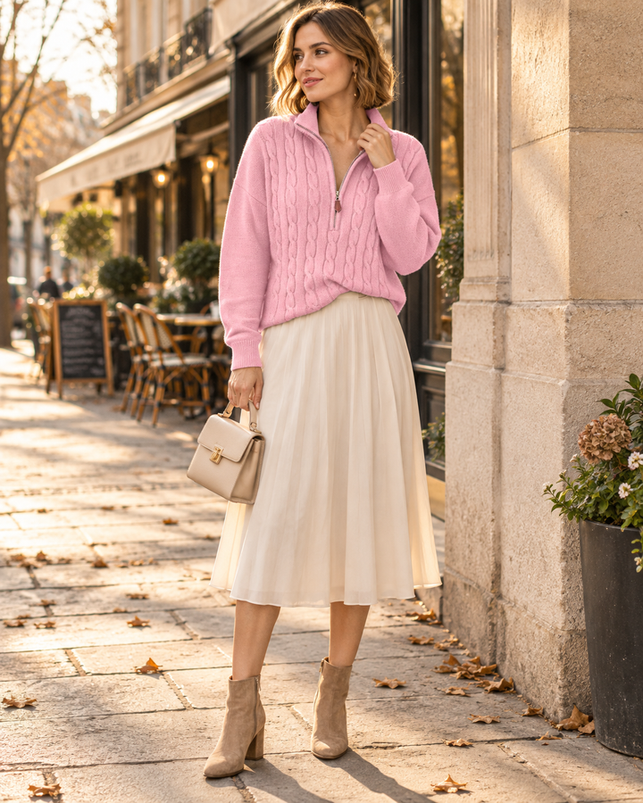Alyssa Zopfmuster-Pullover mit Viertelreißverschluss – Weicher langärmliger Pullover