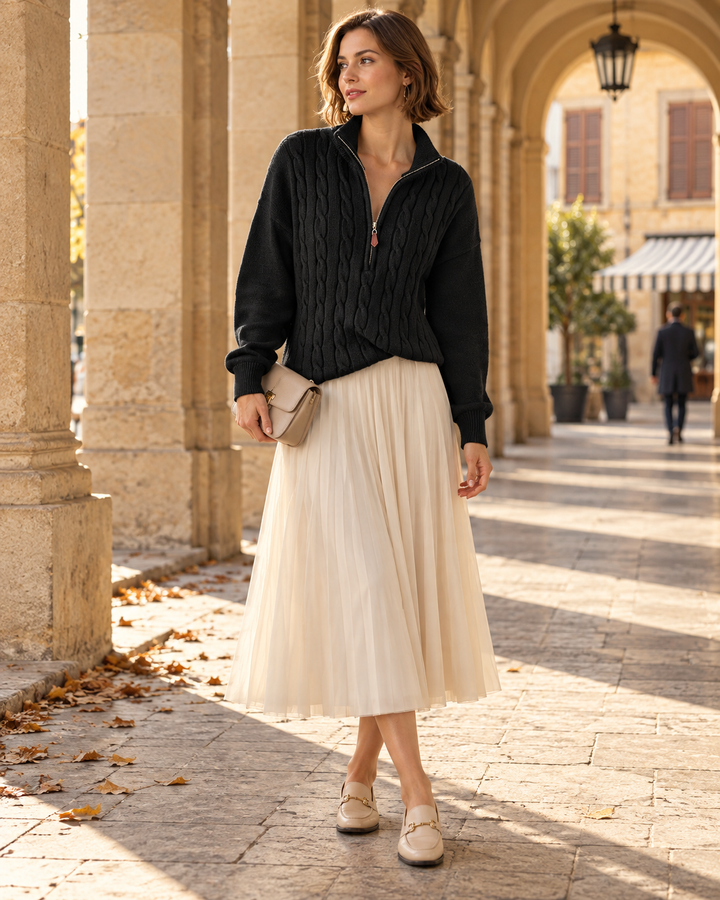 Alyssa Zopfmuster-Pullover mit Viertelreißverschluss – Weicher langärmliger Pullover