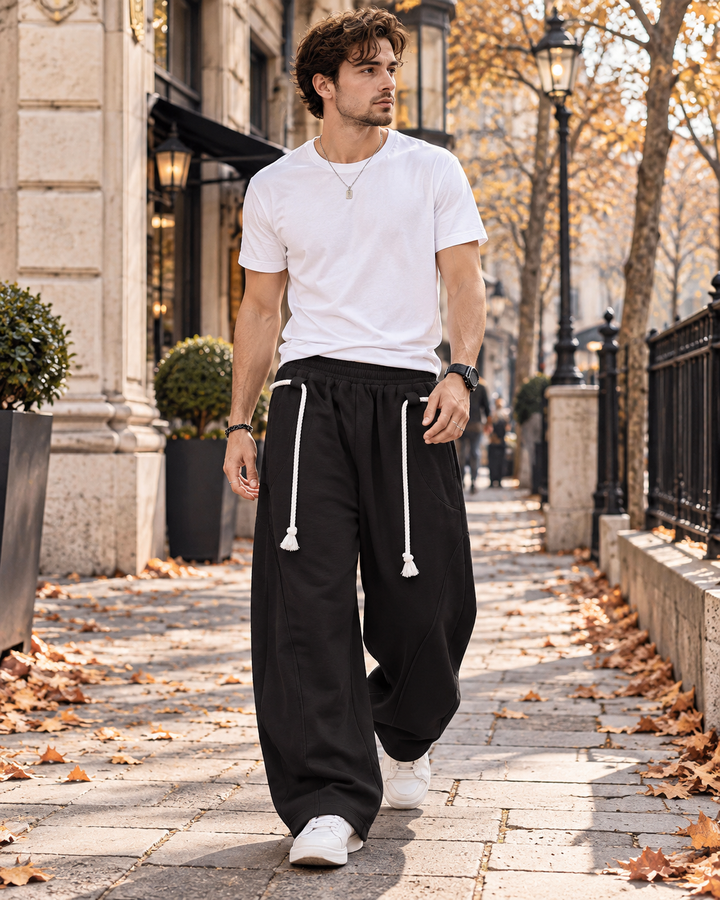 Paolo Ανδρικό baggy barrel παντελόνι με φαρδιά μπατζάκια, διακοσμητικό κορδόνι και πλαϊνές τσέπες