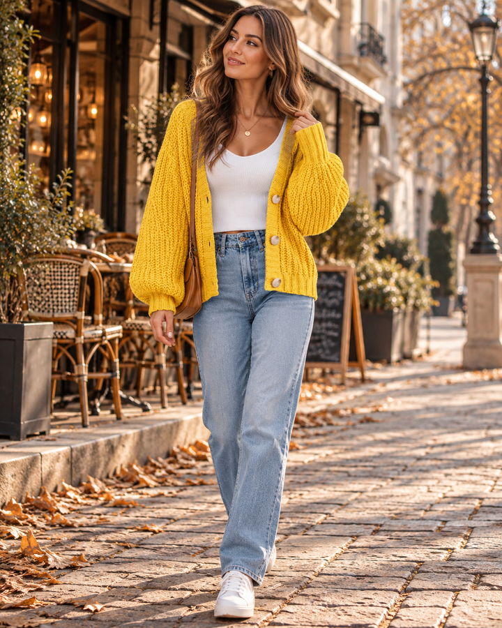Amara oversize-cardigan i kraftig strik med V-hals og knapper til et afslappet look