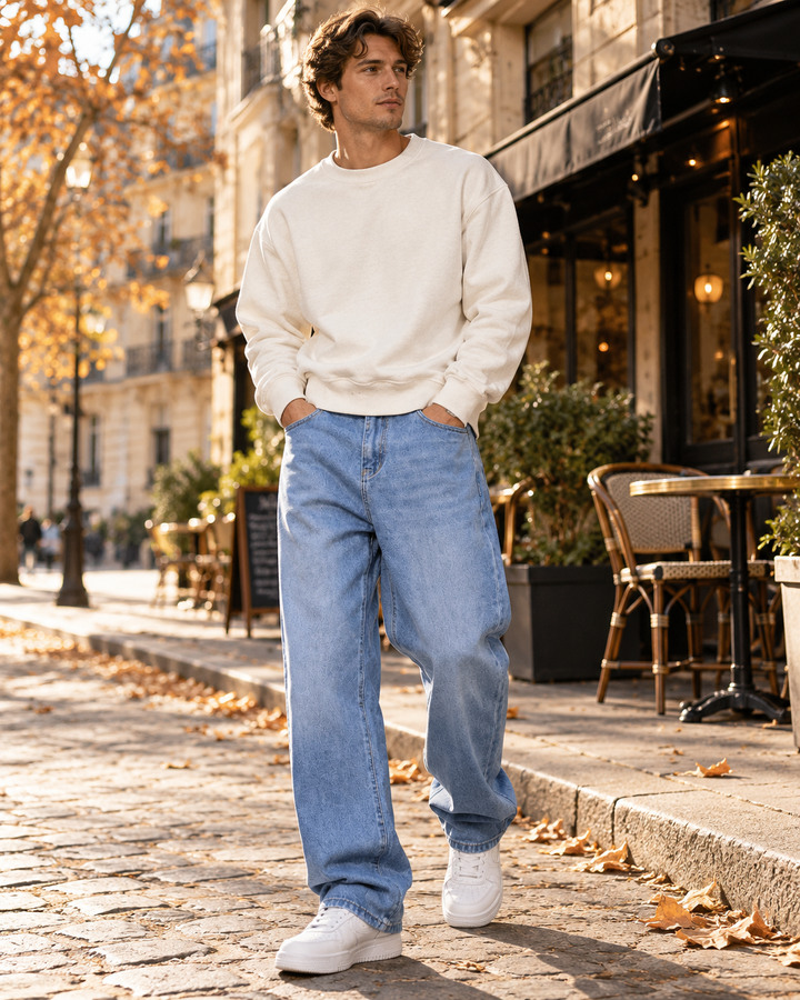 Ανδρικό baggy τζιν Nikolai με φαρδύ μπατζάκι – Άνετη streetwear εφαρμογή και ελαστικό ντένιμ 340 GSM