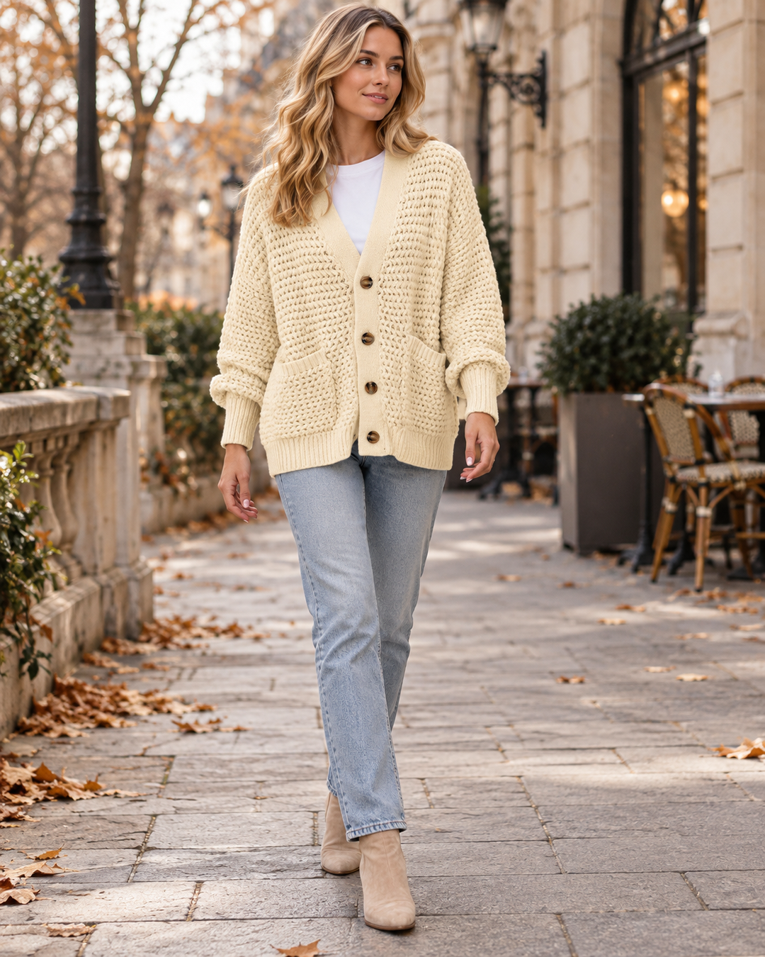 Queenie Damen-Cardigan aus Zopfmusterstrick mit V-Ausschnitt, Knöpfen und aufgesetzten Taschen