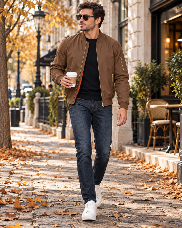 Felix Men's Warm Quilted Bomber Jacket - Full Zip, Ribbed Trim and Multiple Pockets