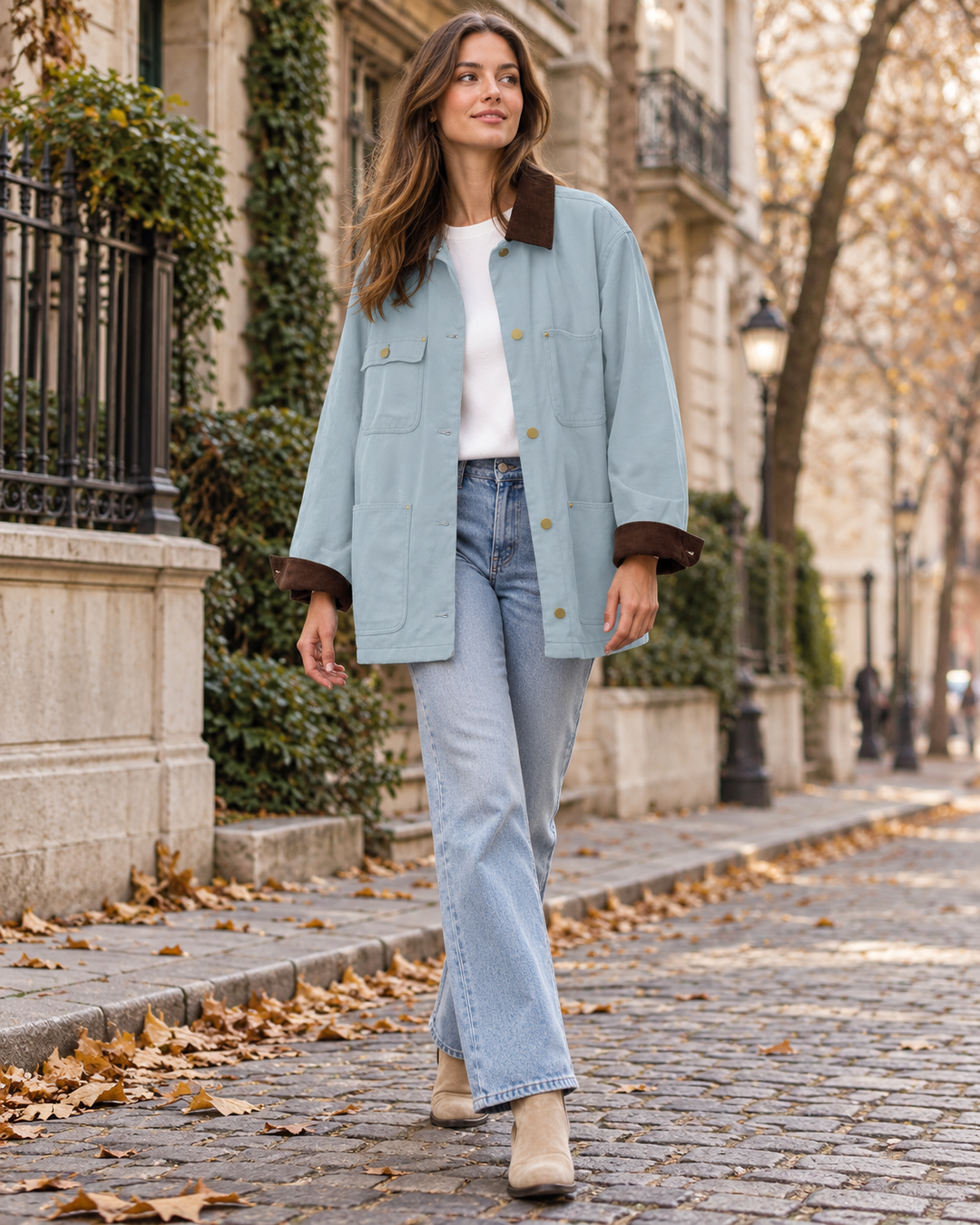 Lara Damen-Oversize-Jacke aus Baumwolle im Utility-Stil mit Samtkragen und aufgesetzten Taschen