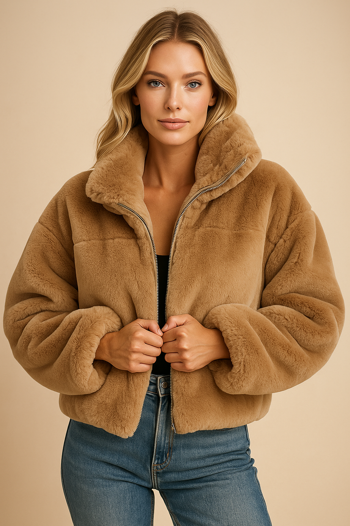 Luna Giacca Teddy Donna Corta – Faux Fur Morbido con Collo Alto e Chiusura a Zip