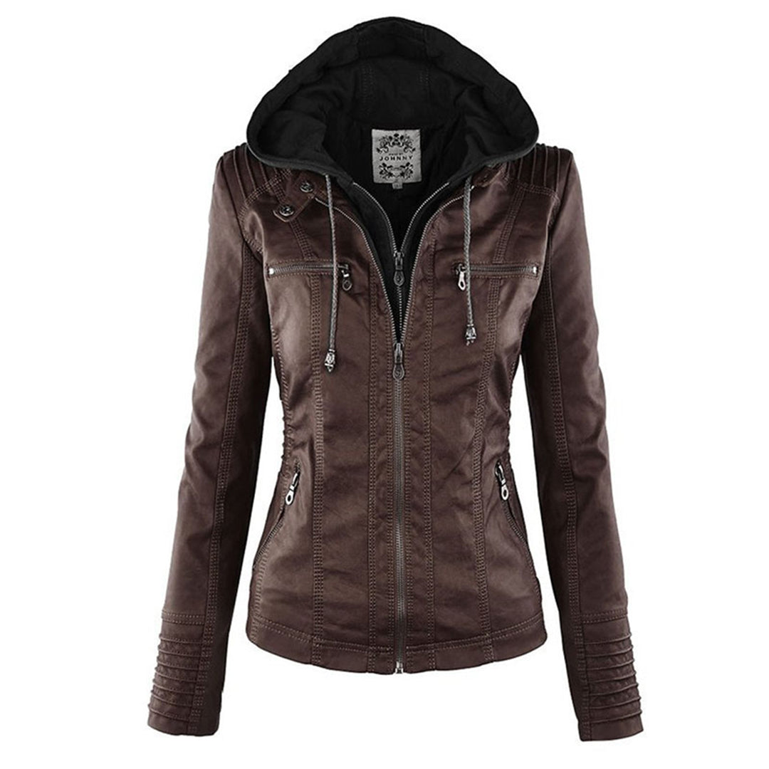Giacca Casual In Pelle Con Cappuccio E Cerniera Da Donna | Maniche Lunghe