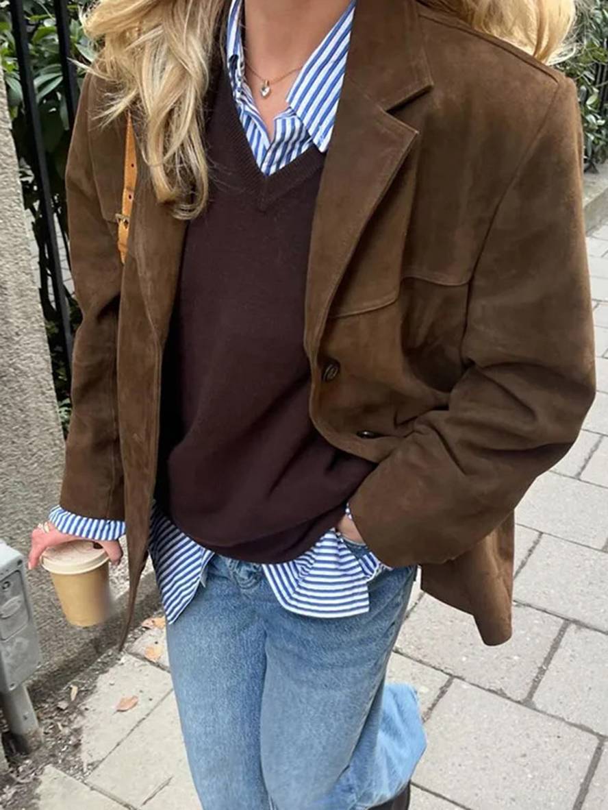 Chaqueta de piel de ante vintage casual para mujer | con bolsillos