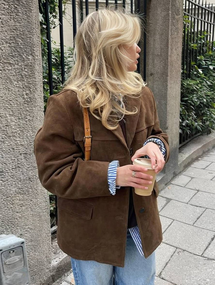 Chaqueta de piel de ante vintage casual para mujer | con bolsillos