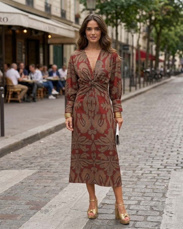 Venezia - Abito Midi Estivo Elegante in Tessuto Effetto Seta con Scollo a V e Nodo Frontale