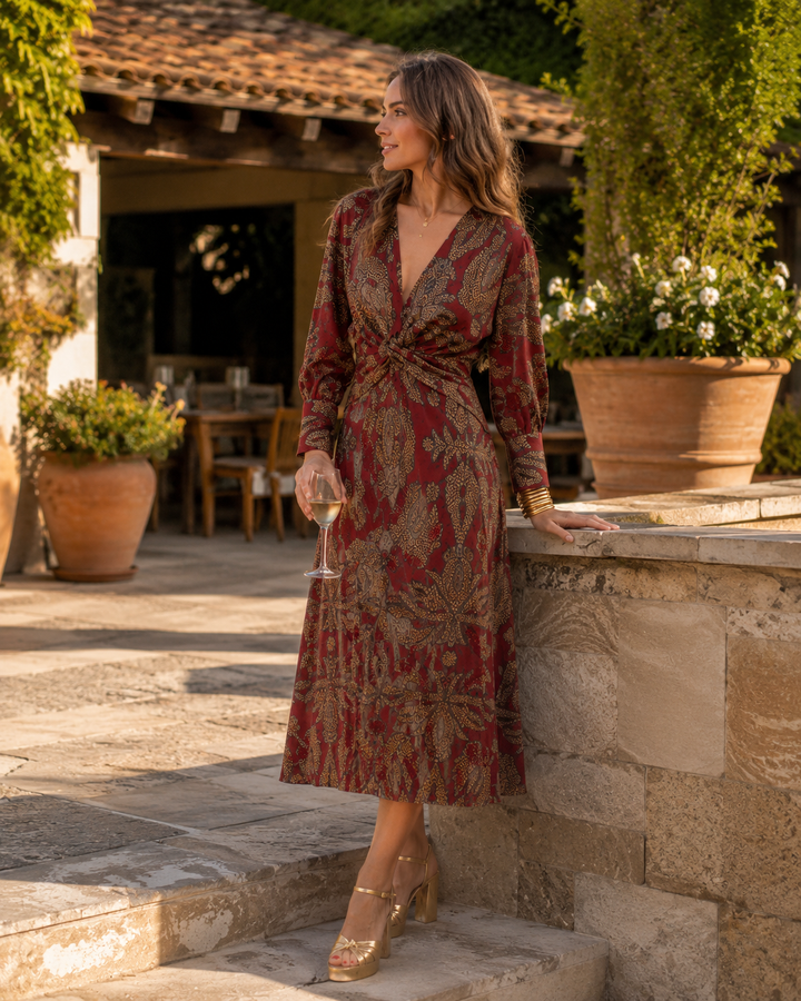 Venezia - Abito Midi Estivo Elegante in Tessuto Effetto Seta con Scollo a V e Nodo Frontale