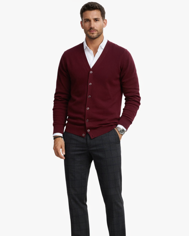 Ollie-cardigan for menn med V-hals – genser med knapper, lommer og ribbestrikkede mansjetter