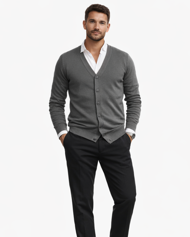 Ollie-cardigan for menn med V-hals – genser med knapper, lommer og ribbestrikkede mansjetter