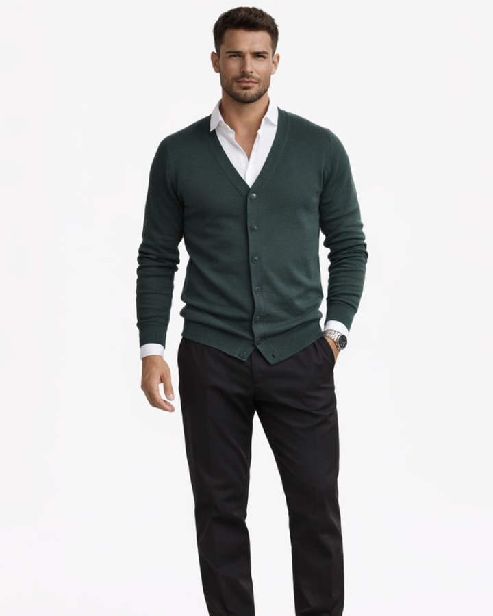Ollie-cardigan for menn med V-hals – genser med knapper, lommer og ribbestrikkede mansjetter