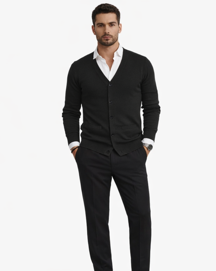 Ollie-cardigan for menn med V-hals – genser med knapper, lommer og ribbestrikkede mansjetter