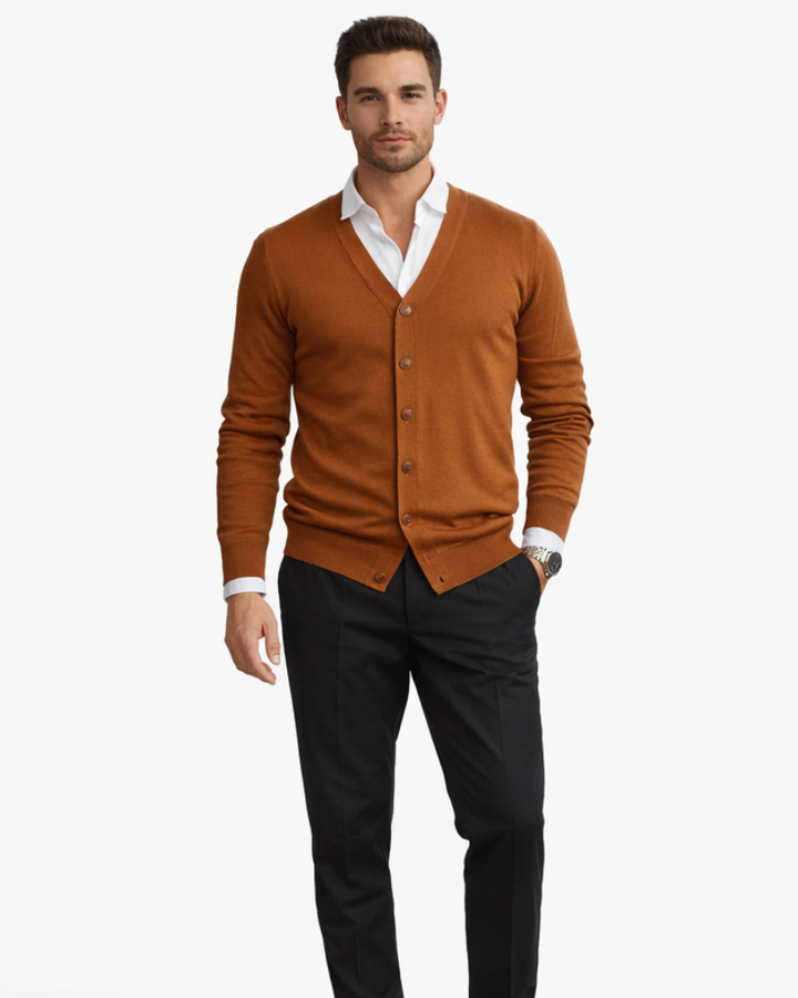 Ollie-cardigan for menn med V-hals – genser med knapper, lommer og ribbestrikkede mansjetter