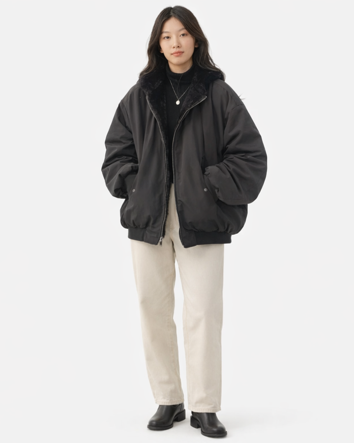 Jheyd Bomber Donna Oversize – Giacca Invernale Trapuntata con Collo in Ecopelliccia Rimovibile