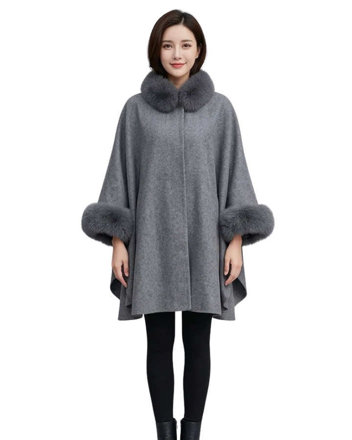Raffaella Mantella Donna Oversize – Giacca Cape con Collo in Pelliccia e Maniche Pipistrello