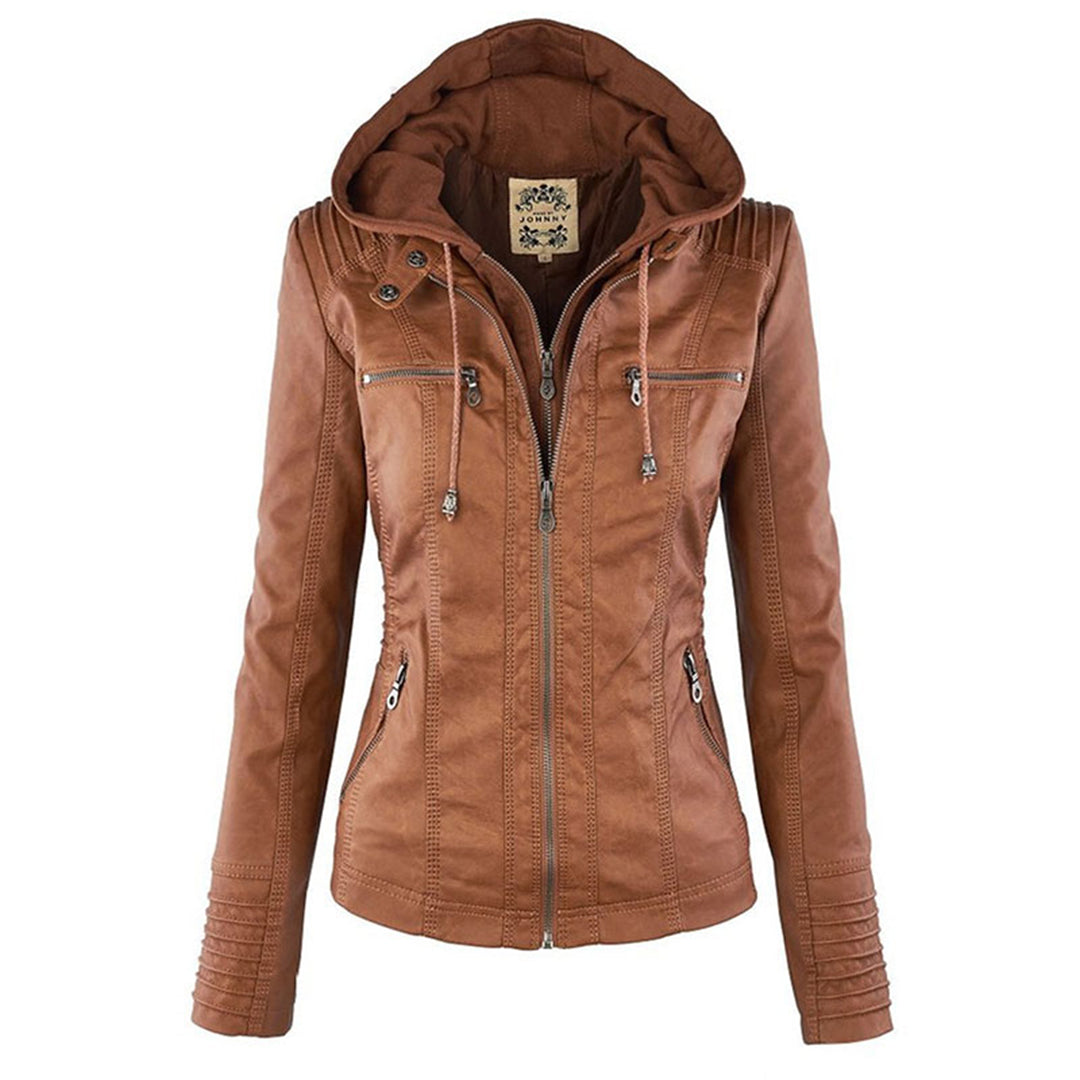 Giacca Casual In Pelle Con Cappuccio E Cerniera Da Donna | Maniche Lunghe