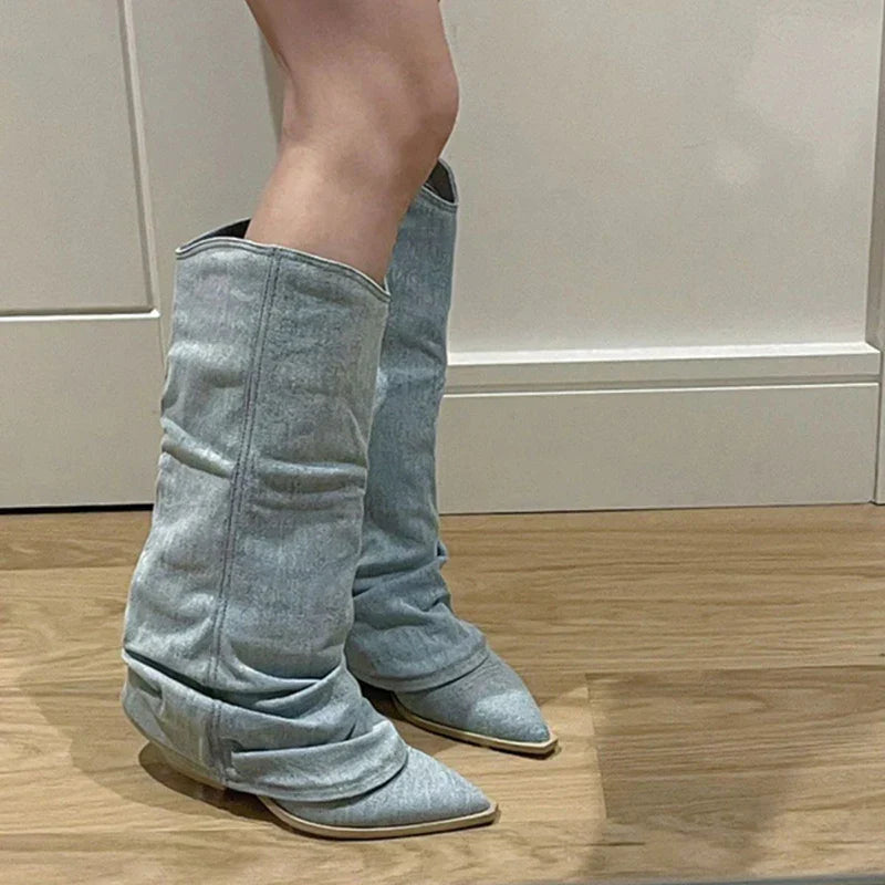 Stivali Da Cowboy In Jeans Al Ginocchio | Invernali