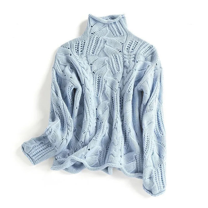 Klaihre Maglione Donna a Collo Alto – Pullover in Maglia con Motivo a Trecce e Vestibilità Morbida