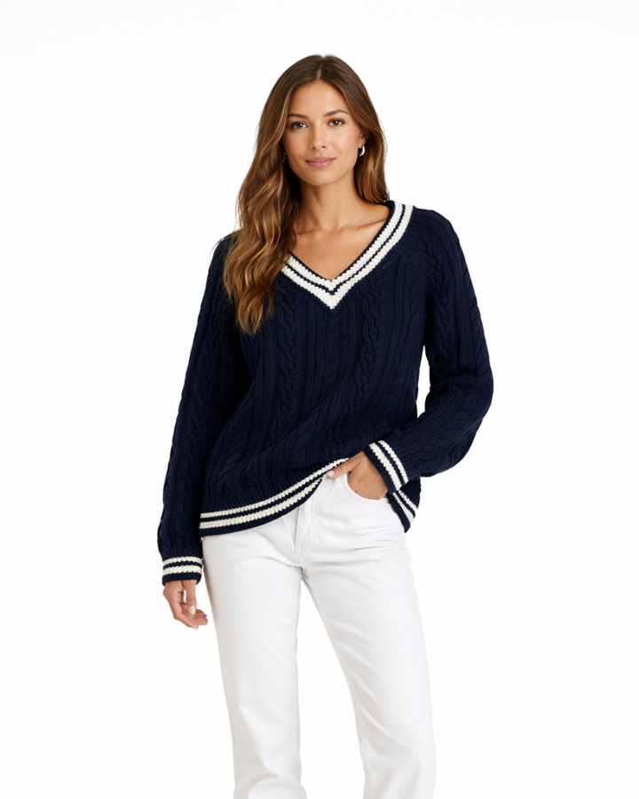 Saphian Maglione Donna Oversize – Pullover Scollo V con Righe, Maglia Trecce Casual Chic