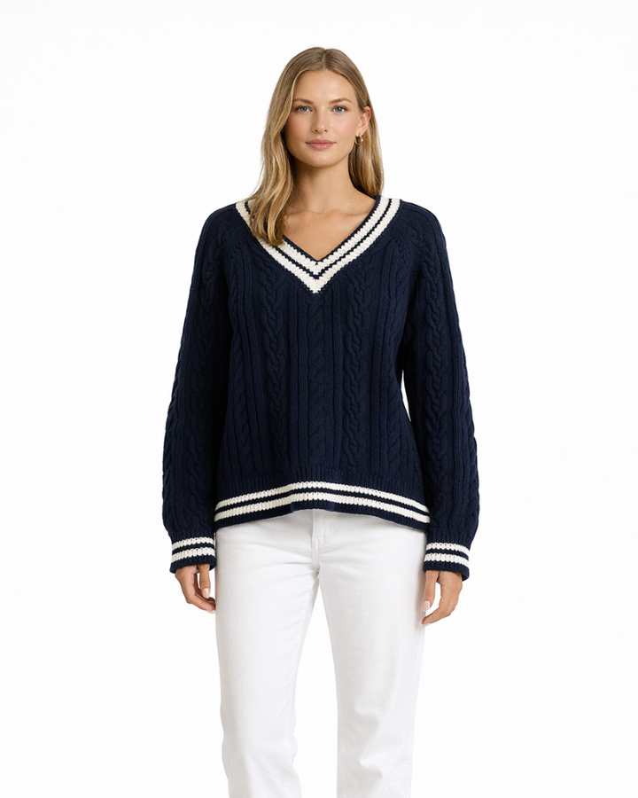 Saphian Maglione Donna Oversize – Pullover Scollo V con Righe, Maglia Trecce Casual Chic