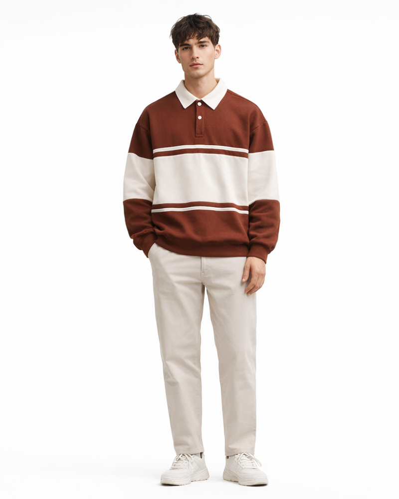 Polo de felpa a rayas para hombre Rigor – Suéter casual suave de algodón con ajuste relajado