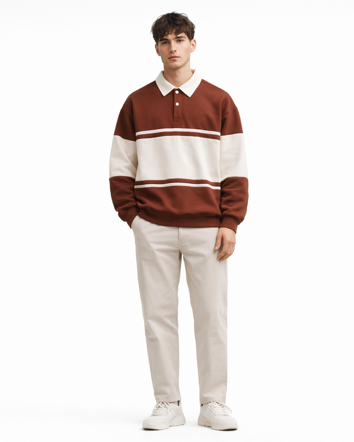 Polo de felpa a rayas para hombre Rigor – Suéter casual suave de algodón con ajuste relajado