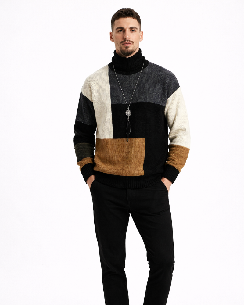 Pánský svetr Joshue Maglione Patchwork – měkký bavlněný svetr s kulatým výstřihem v ležérním stylu