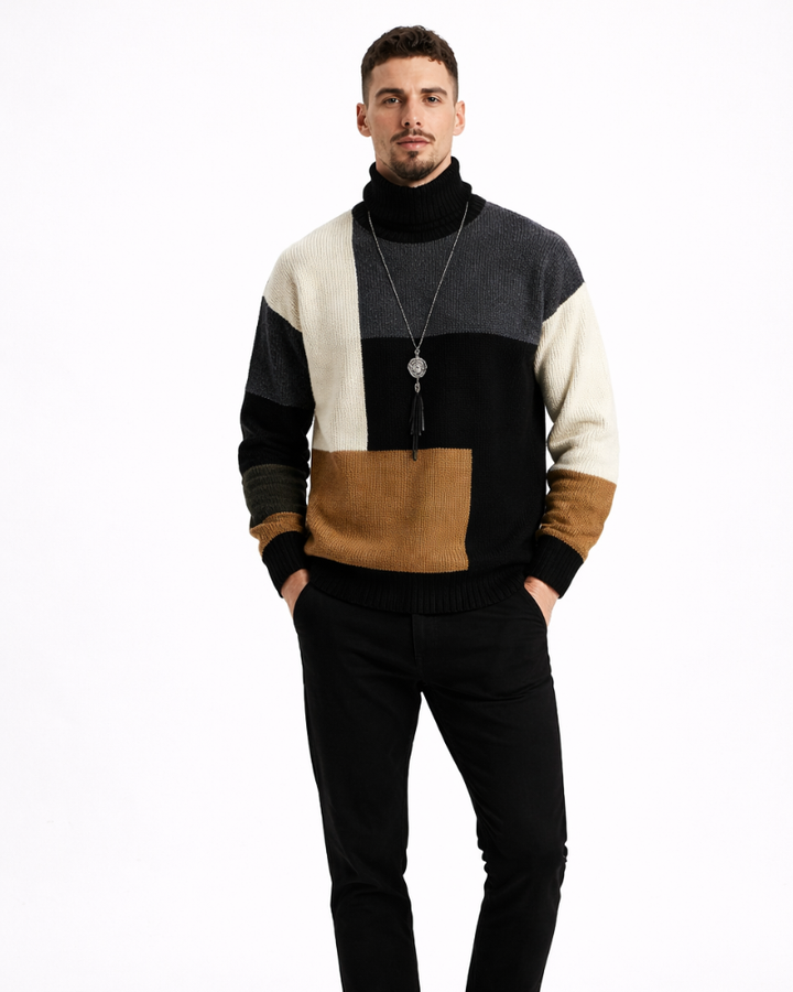 Pánský svetr Joshue Maglione Patchwork – měkký bavlněný svetr s kulatým výstřihem v ležérním stylu