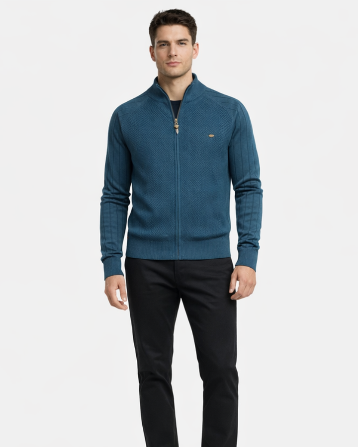 Cardigan bărbătesc Enrico cu fermoar – Pulover elegant din tricot texturat cu guler înalt