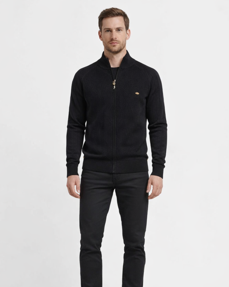 Cardigan bărbătesc Enrico cu fermoar – Pulover elegant din tricot texturat cu guler înalt