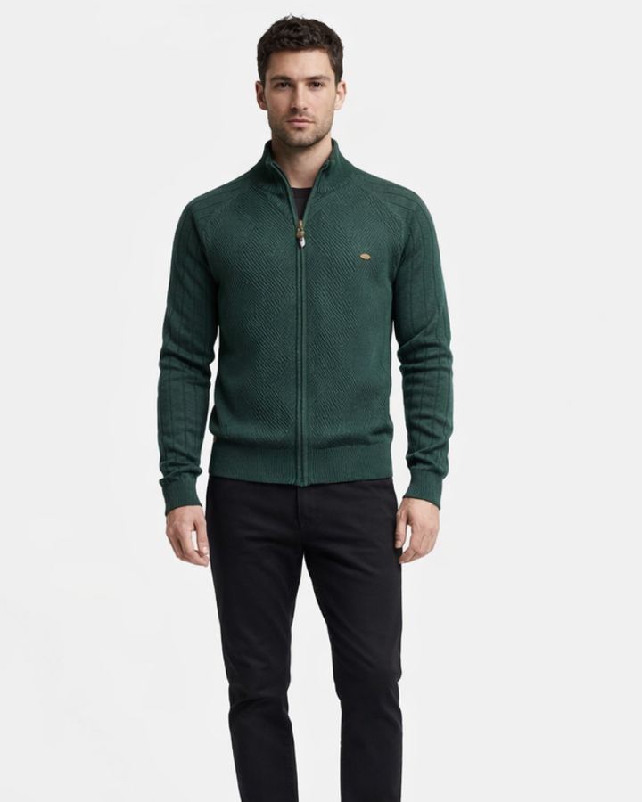 Cardigan bărbătesc Enrico cu fermoar – Pulover elegant din tricot texturat cu guler înalt