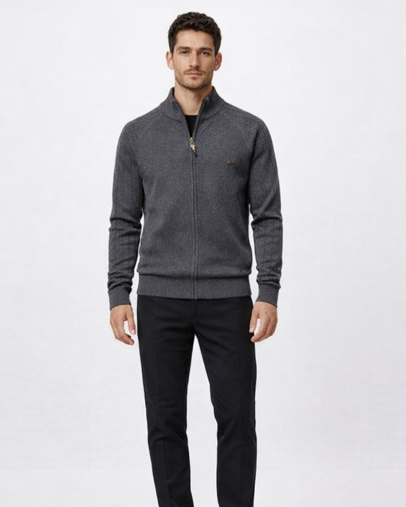Cardigan bărbătesc Enrico cu fermoar – Pulover elegant din tricot texturat cu guler înalt