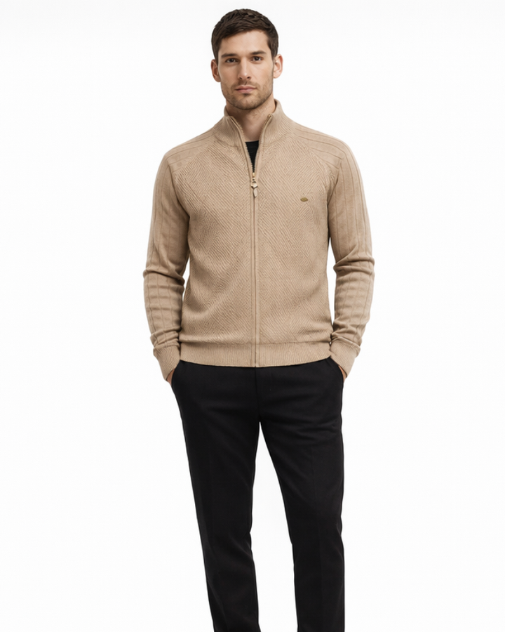 Cardigan bărbătesc Enrico cu fermoar – Pulover elegant din tricot texturat cu guler înalt